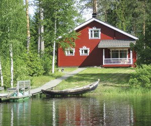 red house at lake